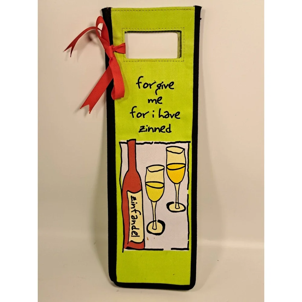 Green Canvas Wine Bottle Gift Bag Forgive Me For I Have Zinned Graphic Pun
